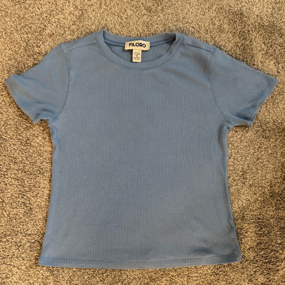 Filoro Women's Size XS Light Blue Crew Neck Short Sleeved Shirt Rayon Top